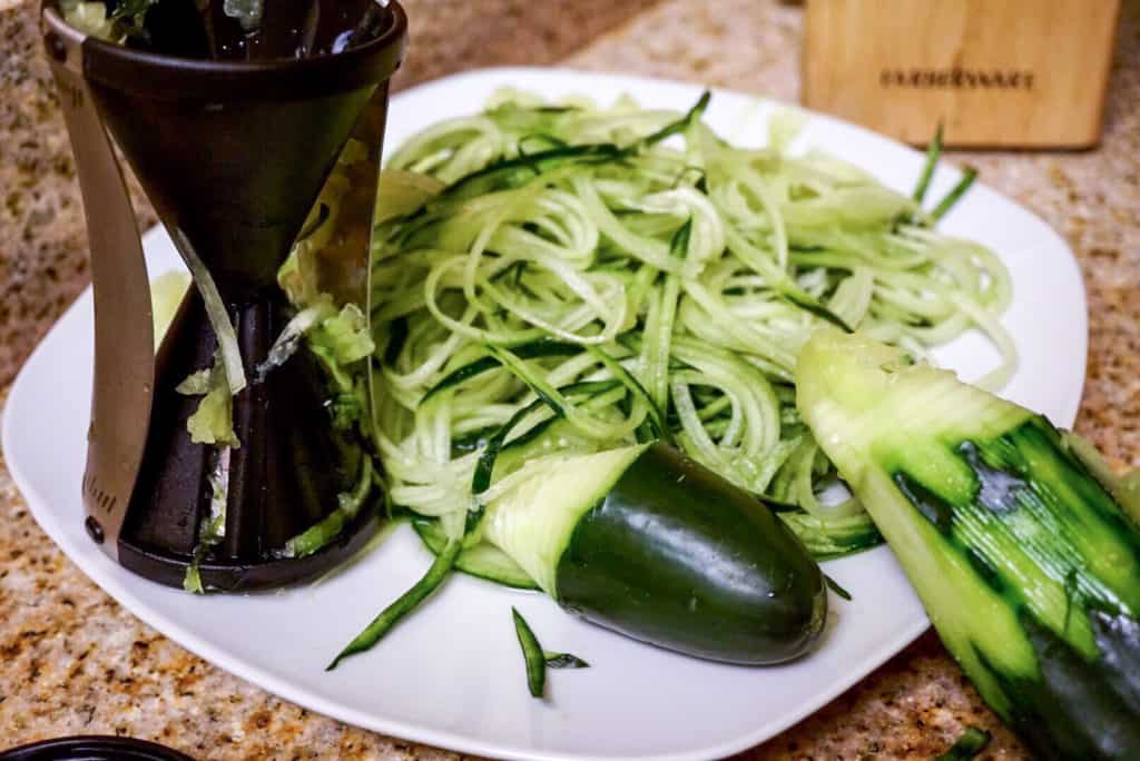 Spiralized Cucumber Noodles: A healthy twist on a favorite: "Fettucini alfredo" ala cukes and cauli recipe uses nourishing bone broth & veggies for gluten free, dairy free pasta dinner
