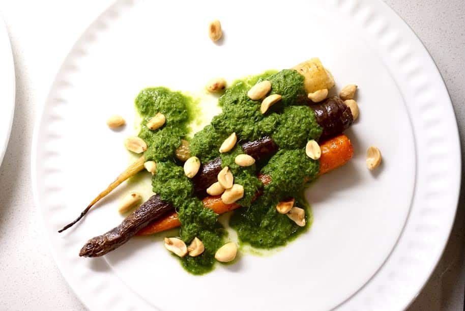 Roasted Rainbow Carrots with Carrot Top Pesto