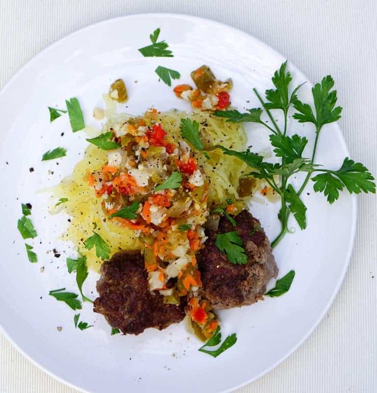 Super Easy Italian Meatballs and Giardiniera on Spaghetti Squash Recipe - gluten free, dairy free, grain free and delicious!