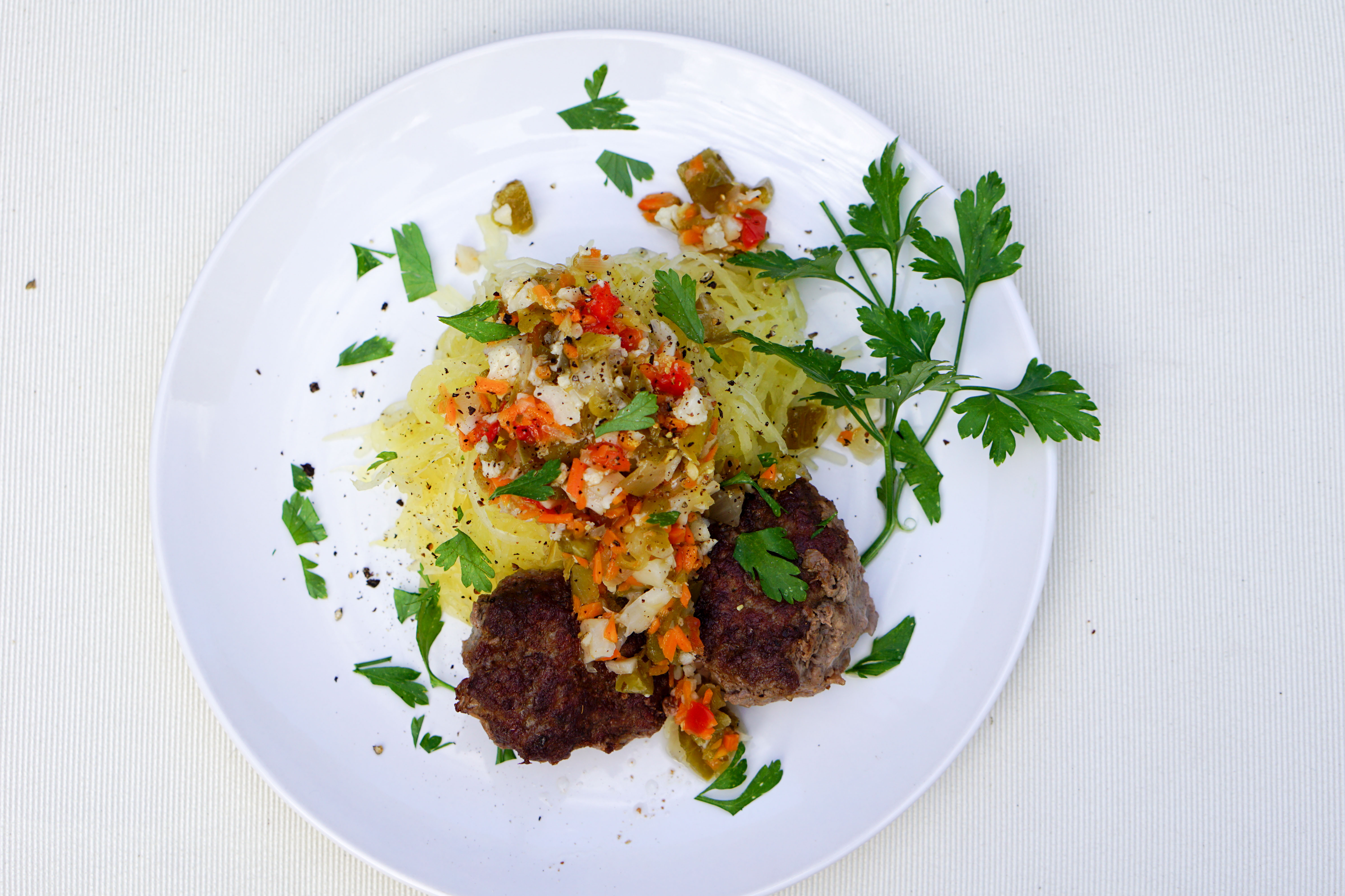 Super Easy Giardiniera and Meatballs on Spaghetti Squash Recipe - gluten free, dairy free, grain free and delicious!