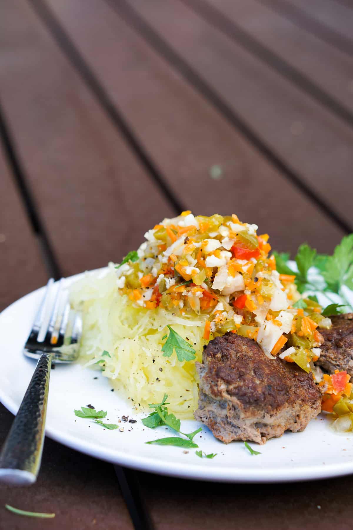 Super Easy Giardiniera and Meatballs on Spaghetti Squash Recipe - gluten free, dairy free, grain free and delicious!