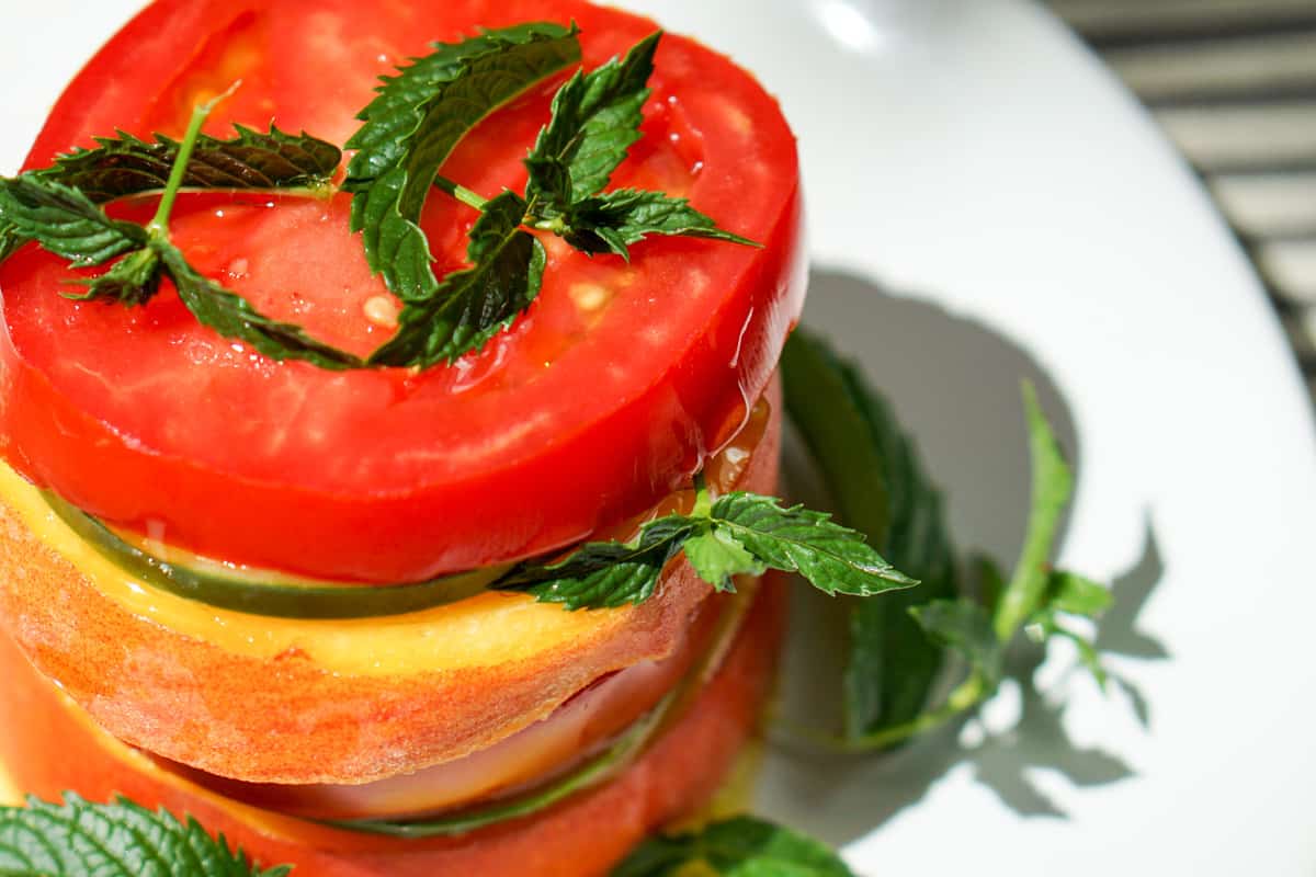 Peach Tomato Mint Salad Stack Recipe - Simply slice fresh peaches, tomatoes and cucumbers, stacking with mint to create this great appetizer, light meal or side salad. This will definitely be a recipe to impress your friends at your next barbq or family dinner!