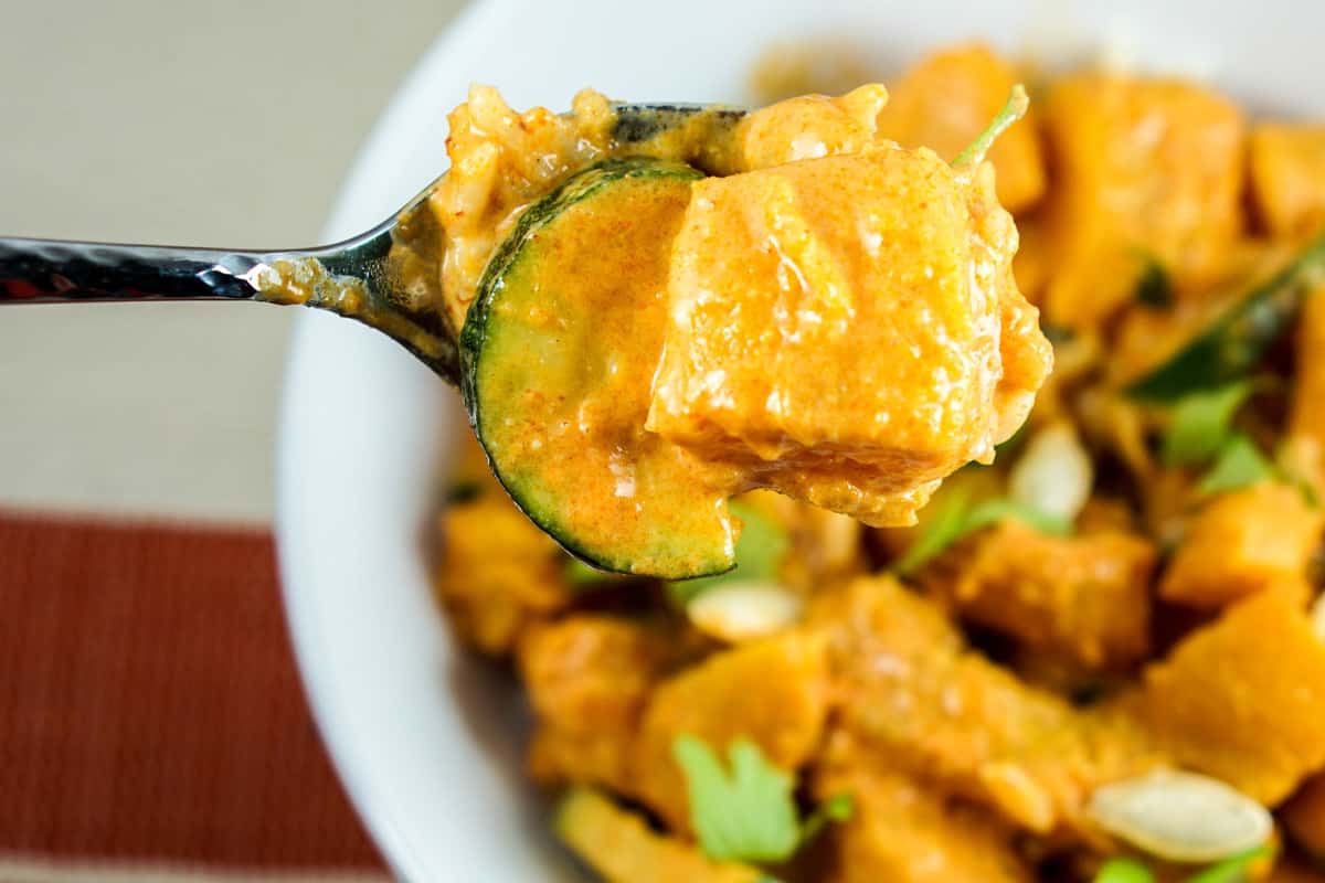 Pumpkin Coconut Red Curry Recipe - Healthy clean eating curry recipe using real whole food. Great served by itself or over rice or zoodles. 