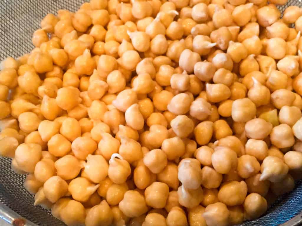 Sprouted garbanzos make this hummus extra easy on the tummy. Can you see the little sprouts poking out of the chick peas?