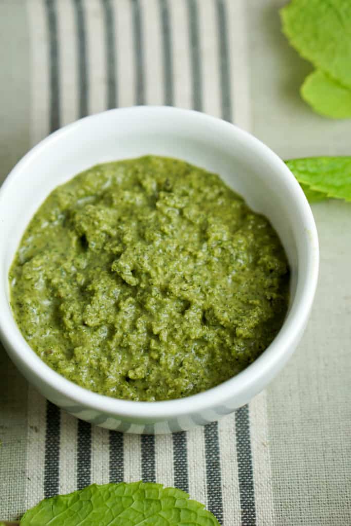 Quick 5 minute Mint Chutney recipe using only 5 ingredients. Healthy, gluten free, dairy free, and a great way to use leftover herbs.