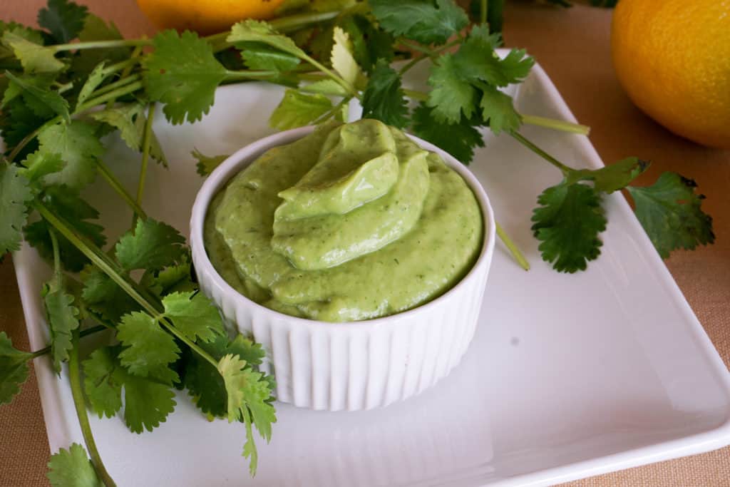 Simple 5 ingredient Creamy Avocado Cilantro Sauce Recipe makes a great Paleo or Whole 30 salad dressing or side sauce that's gluten free and dairy free.