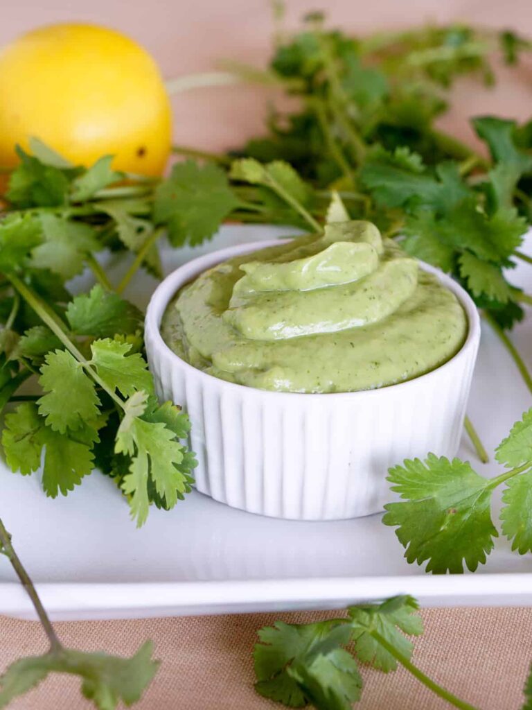 Simple 5 ingredient Creamy Avocado Cilantro Sauce Recipe makes a great Paleo or Whole 30 salad dressing or side sauce that's gluten free and dairy free.