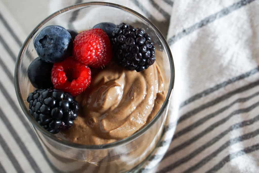 Chocolate Avocado Mouse with Mixed Berries - A simple 5 ingredient, plant-based and paleo dessert made of avocados, coconut, and berries. GF, DF, RSF