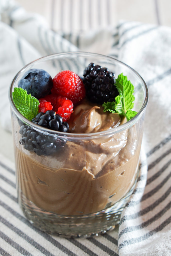 Chocolate Avocado Mouse with Mixed Berries - A simple 5 ingredient, plant-based and paleo dessert made of avocados, coconut, and berries. GF, DF, RSF