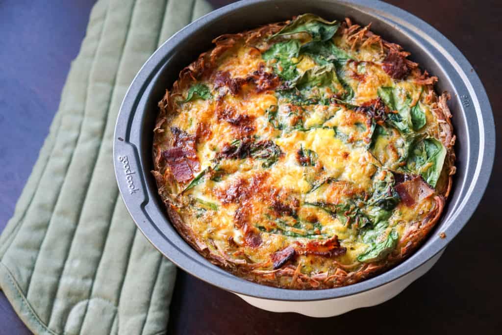 A perfect make ahead dish for any event: gluten free, dairy free, paleo, grain free bacon spinach quiche recipe is the answer to a healthy and easy brunch