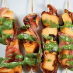 Grilled Cantaloupe Prosciutto Skewers with Mint Chutney