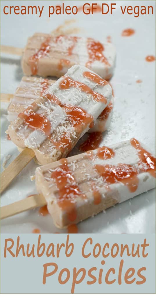 Fresh rhubarb and coconut cream are sweetened with dates and maple syrup for this refined sugar free and dairy free Paleo Rhubarb Coconut Popsicles recipe