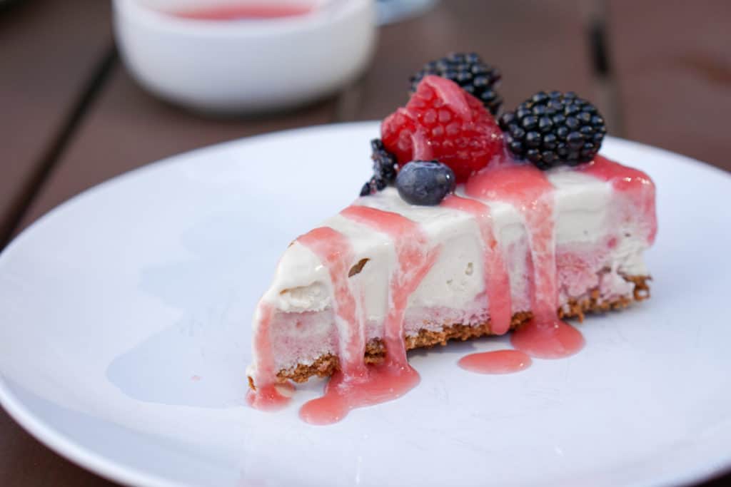 A slightly nutty and naturally fruit flavored Rhubarb Cashew Ice Cream Cake Recipe that's dairy free, gluten free, soy free, egg free and vegan.