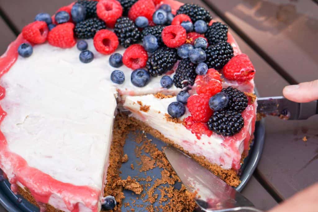 A slightly nutty and naturally fruit flavored Rhubarb Cashew Ice Cream Cake Recipe that's dairy free, gluten free, soy free, egg free and vegan.