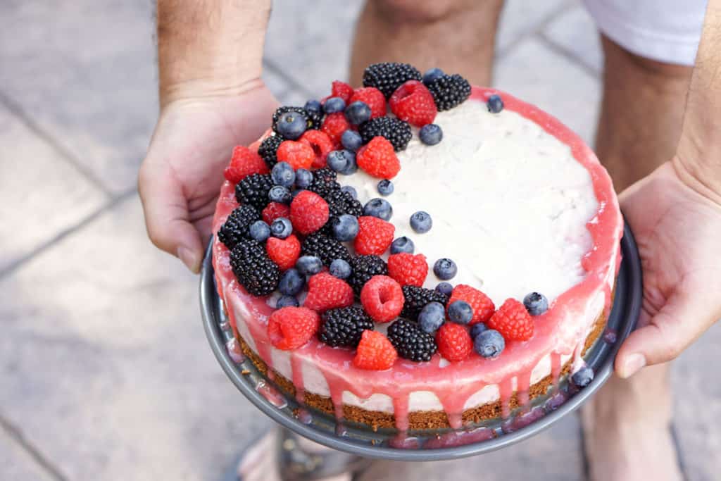 A slightly nutty and naturally fruit flavored Rhubarb Cashew Ice Cream Cake Recipe that's dairy free, gluten free, soy free, egg free and vegan.