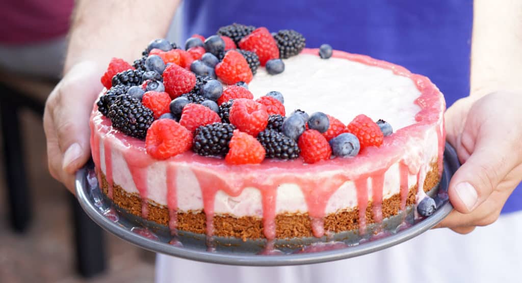 A slightly nutty and naturally fruit flavored Rhubarb Cashew Ice Cream Cake Recipe that's dairy free, gluten free, soy free, egg free and vegan.