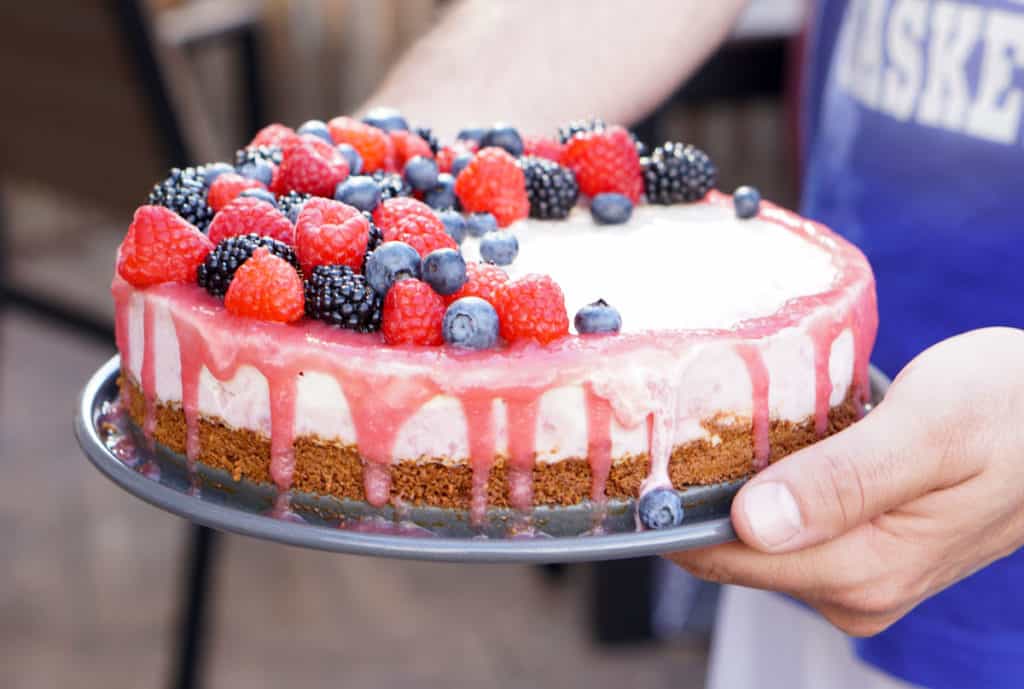 A slightly nutty and naturally fruit flavored Rhubarb Cashew Ice Cream Cake Recipe that's dairy free, gluten free, soy free, egg free and vegan.