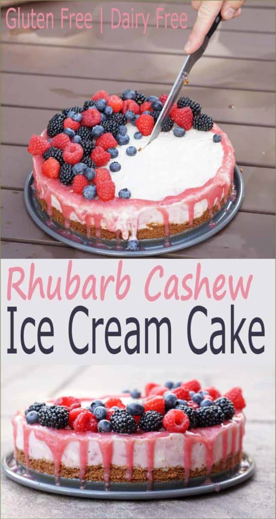 A slightly nutty and naturally fruit flavored Rhubarb Cashew Ice Cream Cake Recipe that's dairy free, gluten free, soy free, egg free and vegan.