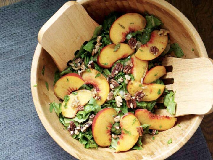 This toasted pecan, cucumber, basil, and peach salad is super fresh and incorporates summer and fall flavors into one great gluten and dairy free dish. It's also super quick and sugar-free