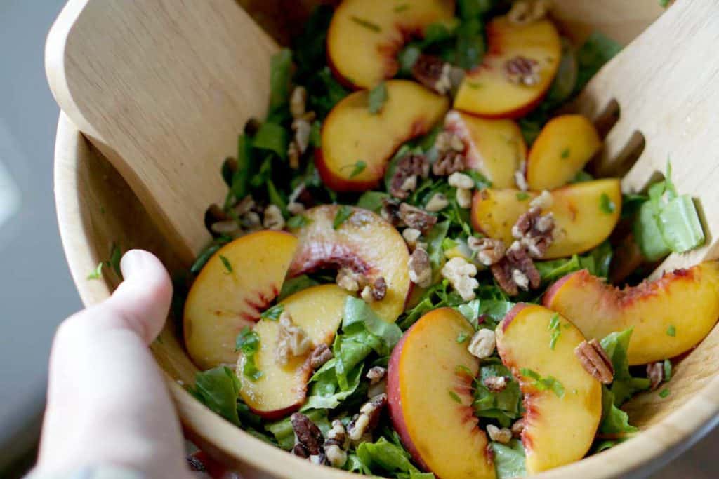 This toasted pecan, cucumber, basil, and peach salad is super fresh and incorporates summer and fall flavors into one great gluten and dairy free dish. It's also super quick and sugar-free