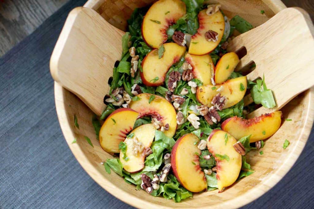 Summer meets fall in this This toasted pecan, cucumber, basil, and peach salad is super fresh and incorporates summer and fall flavors into one great gluten and dairy free dish. It's also super quick and sugar-free