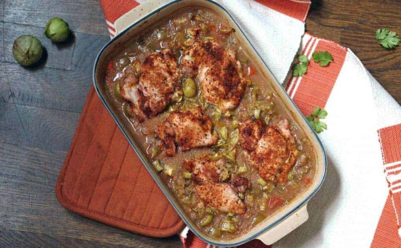 A foolproof recipe for weeknight dinners or to bring for a meal train, this amaranth and tomatillo chicken bake is loaded with protein, vitamins, and flavor.