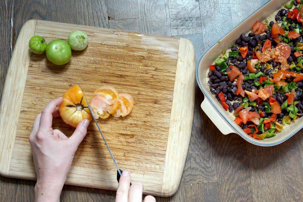 eat the rainbow: green tomatillos, red tomatoes, black beans, golden amaranth in this whole 30 and paleo amranth and tomatillo chicken bake