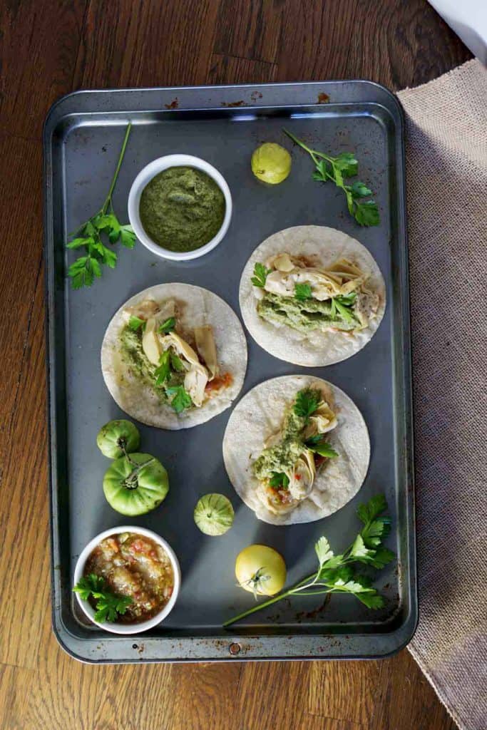 homemade salsas and carrot top pesto falvor these vegan artichoke hummus tacos with carrot top pesto