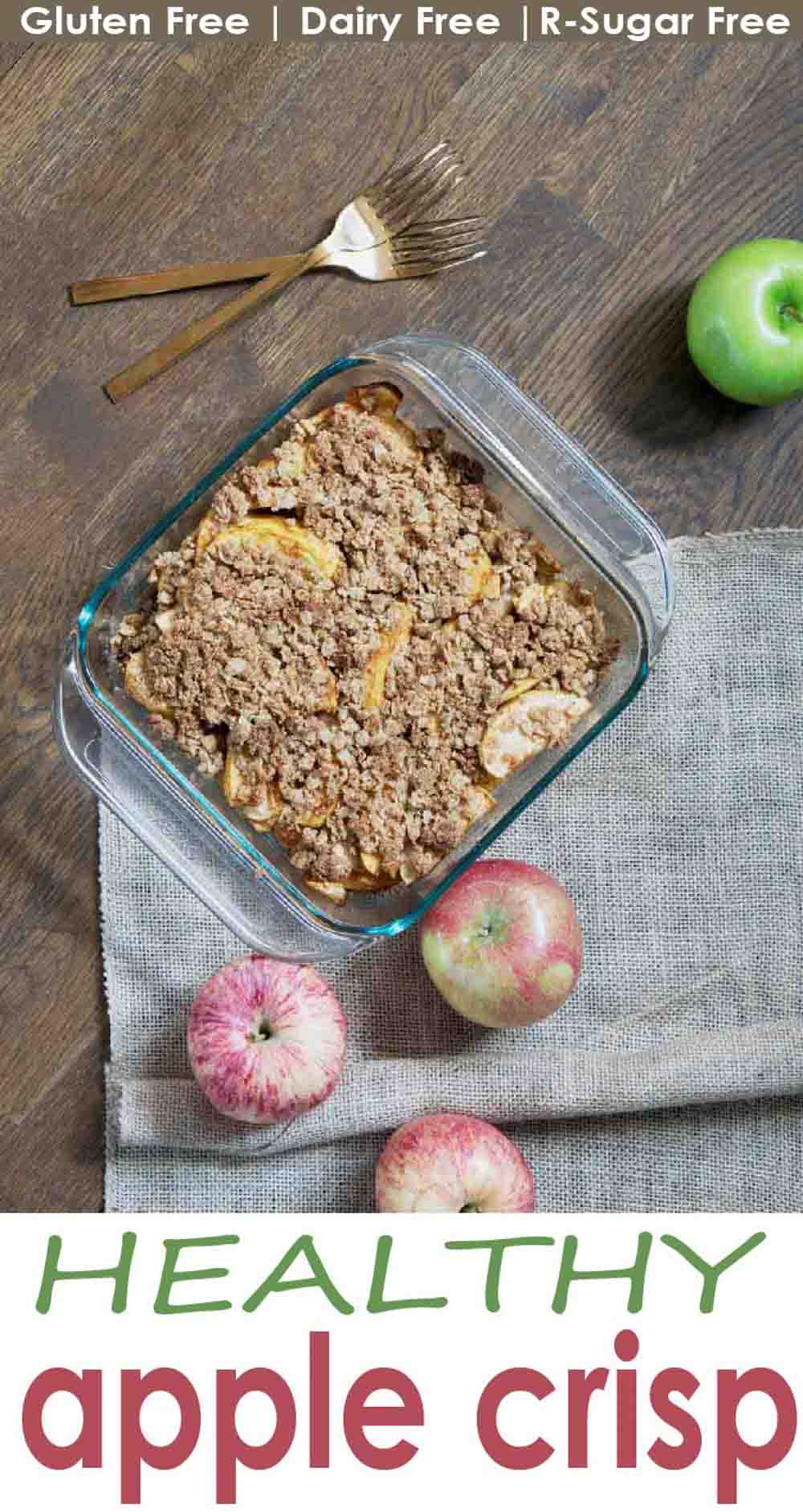   A healthy twist on a classic dessert: this gluten free apple crisp is made from nutritious real foods and nationally sweetened, perfect for health-conscience, dairy free, sugar free or vegan friends!