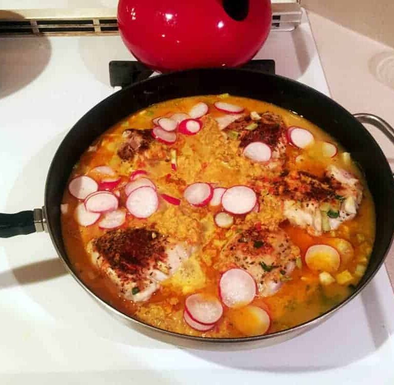 Delicious chicken thai curry made with yai thai curry sauce, radishes, turnips and celery