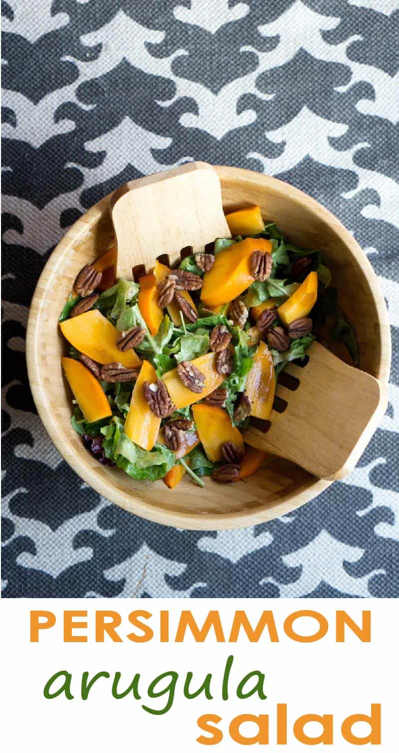 This quick salad is ready in minutes and brings some freshness to classically fall flavors. Just mix persimmons, arugula, toasted pecans and spice together for a naturally paleo and gluten free salad.