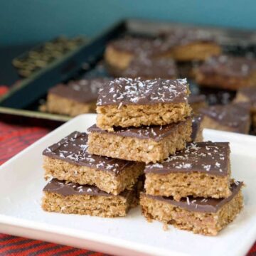 english toffee bars with desiccated coconut and chocolate ganache.