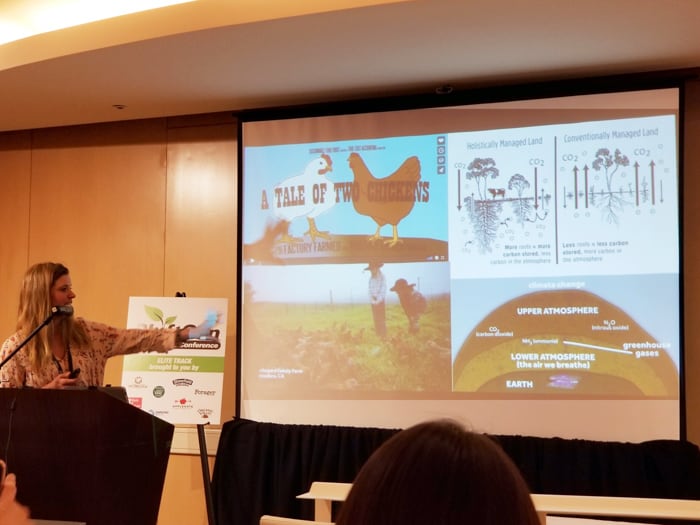 Blond woman giving power point presentation on healing the soil