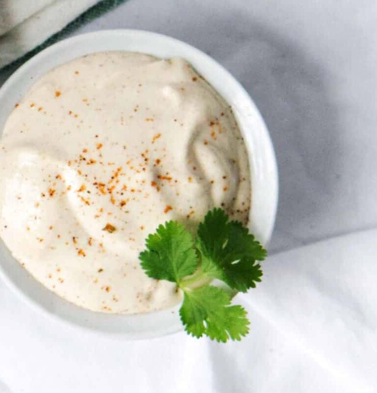 Whipped Tahini Sauce in a white ramekin