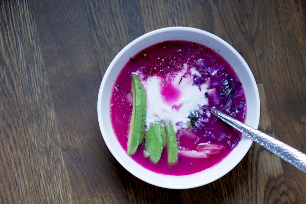 Beautifully Pink Bone Broth Bowl with cucumber, radish, cabbage, and beet