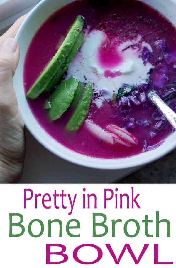 Pretty in pink bone broth bowl is ready in 15 minutes and full of anti-inflammatory flavonoids. Dinner is better when it's Pink, Paleo, and ready Pronto