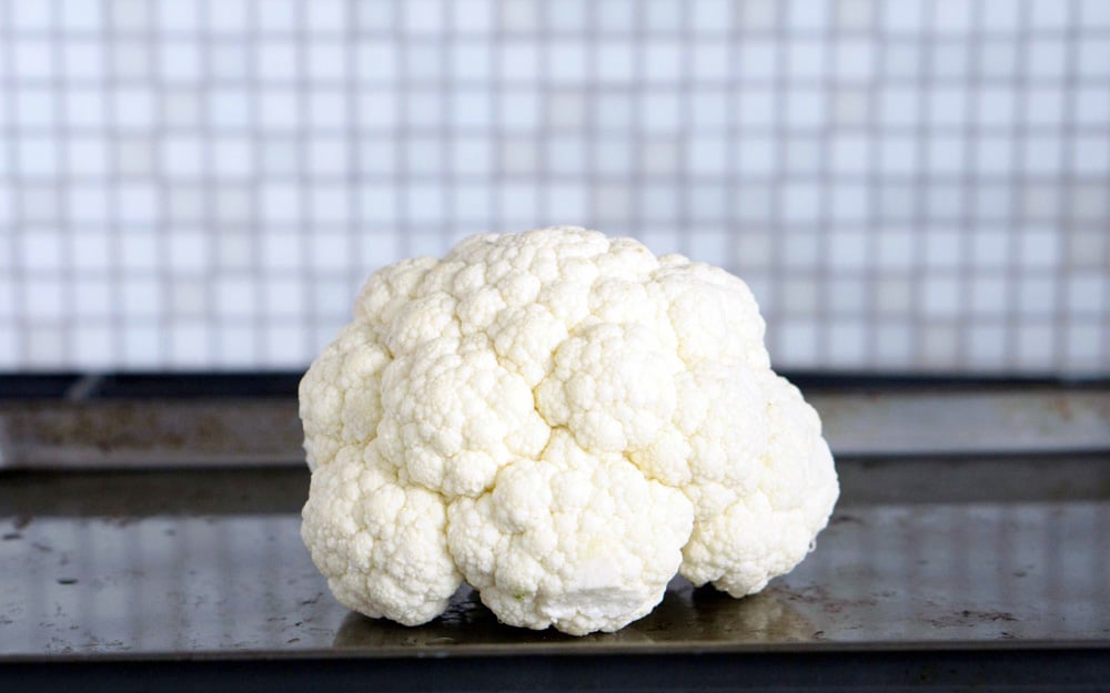 beautiful raw cauliflower that will turn into a roasted harissa cauliflower for dinner