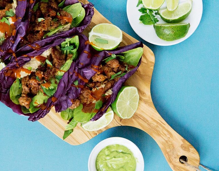 Purple Cabbage laves make an excellent shell for these chorizo cabbage tacos