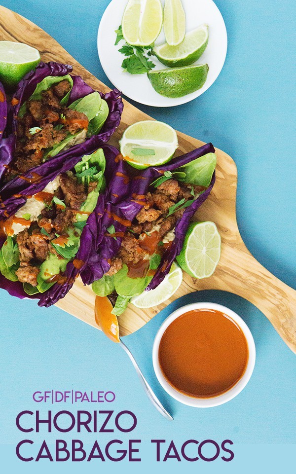 Purple Cabbage laves make an excellent shell for these chorizo cabbage tacos. Paleo, gluen free, grain free, and clean eating recipe for tacos