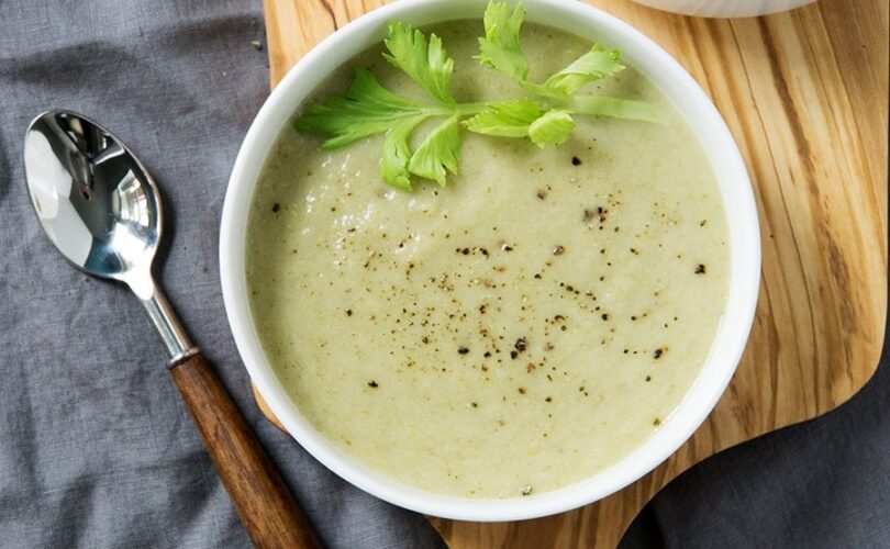 Paleo cream of celery soup recipe without the cream? This refreshing gluten free, dairy free soup uses cauliflower and healthy oils instead.