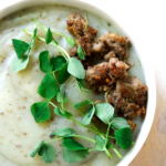 Creamy Potato Soup with Italian Sausage and Pea Sprouts