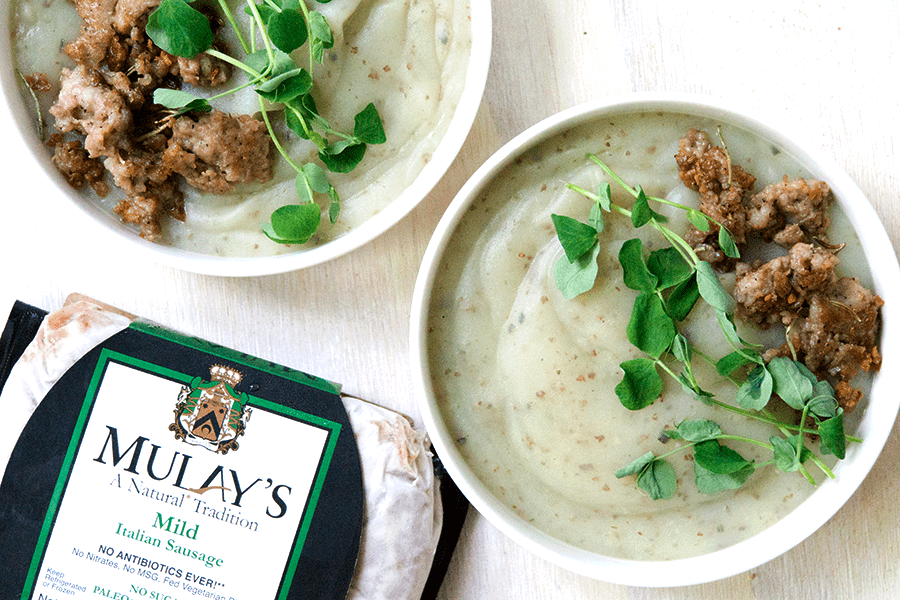 Creamy potato soup with Mulay's Italian sausage and pea sprouts is savory, creamy, full of gut healing nutrients, perfect for when your craving carbs yet want to be healthy.