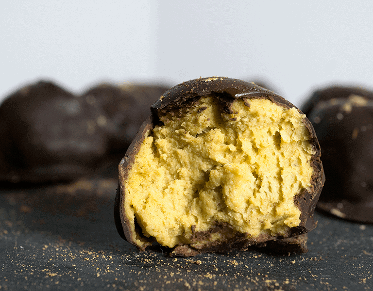 Paleo chocolate covered pumpkin pie bites are rich and creamy, densely packed with health-supporting spices and real pumpkin, stuffed with coconut butter and doused in chocolate.