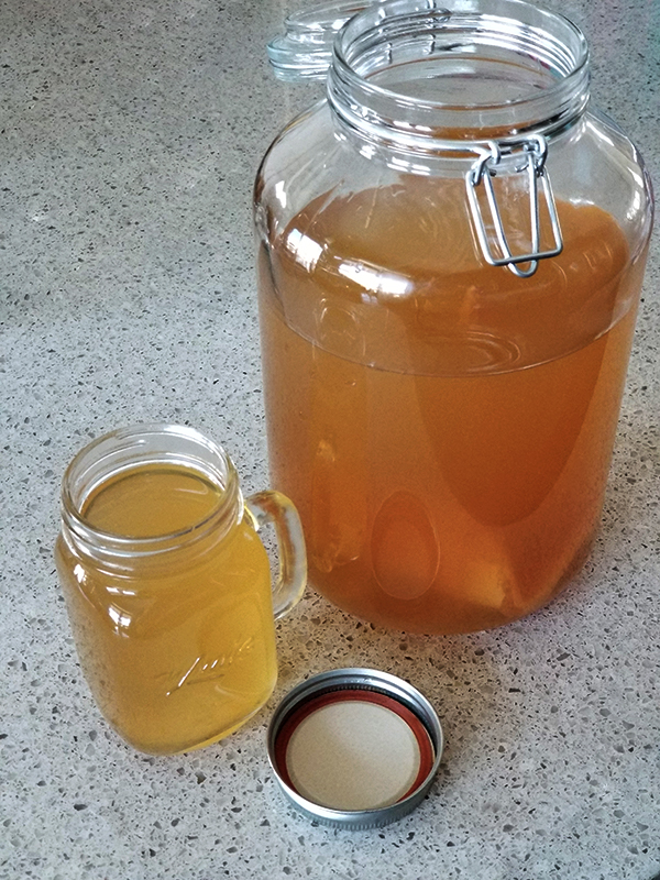 Home brewed Jun, a honey and green tea version of kombucha, brew and glass