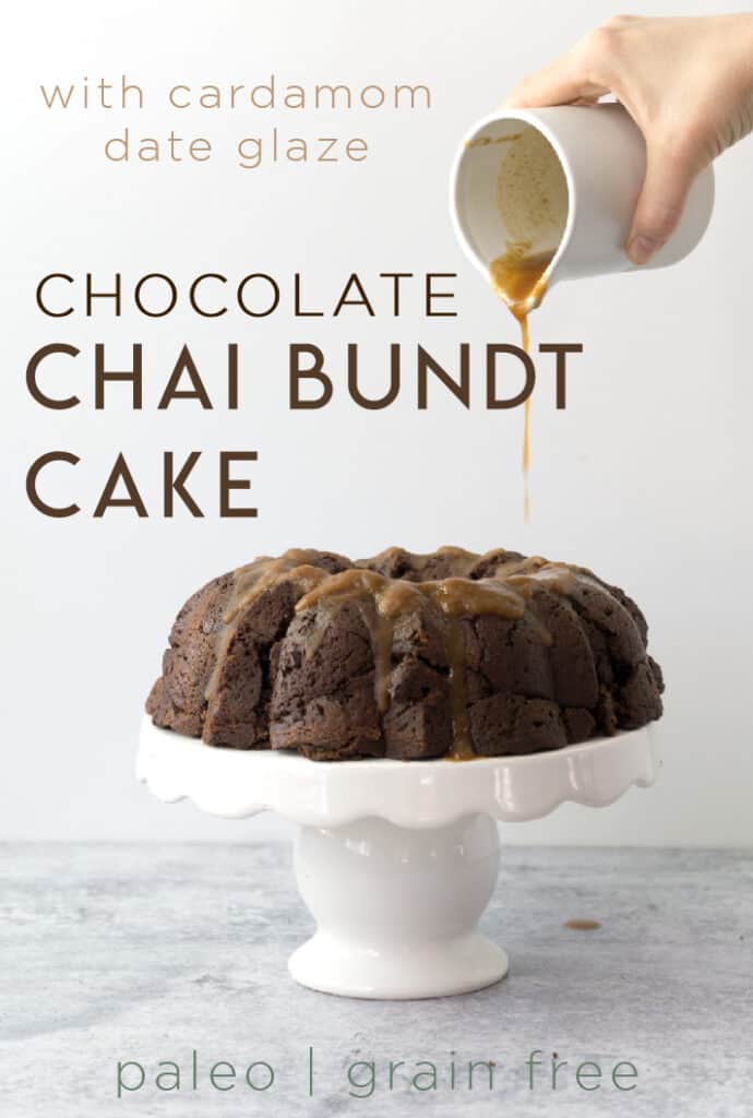 This paleo chocolate chai bundt cake with a cardamom date glaze is dairy, gluten, refined sugar free and low caffeine. It's light and moist and delectable at any celebration. 