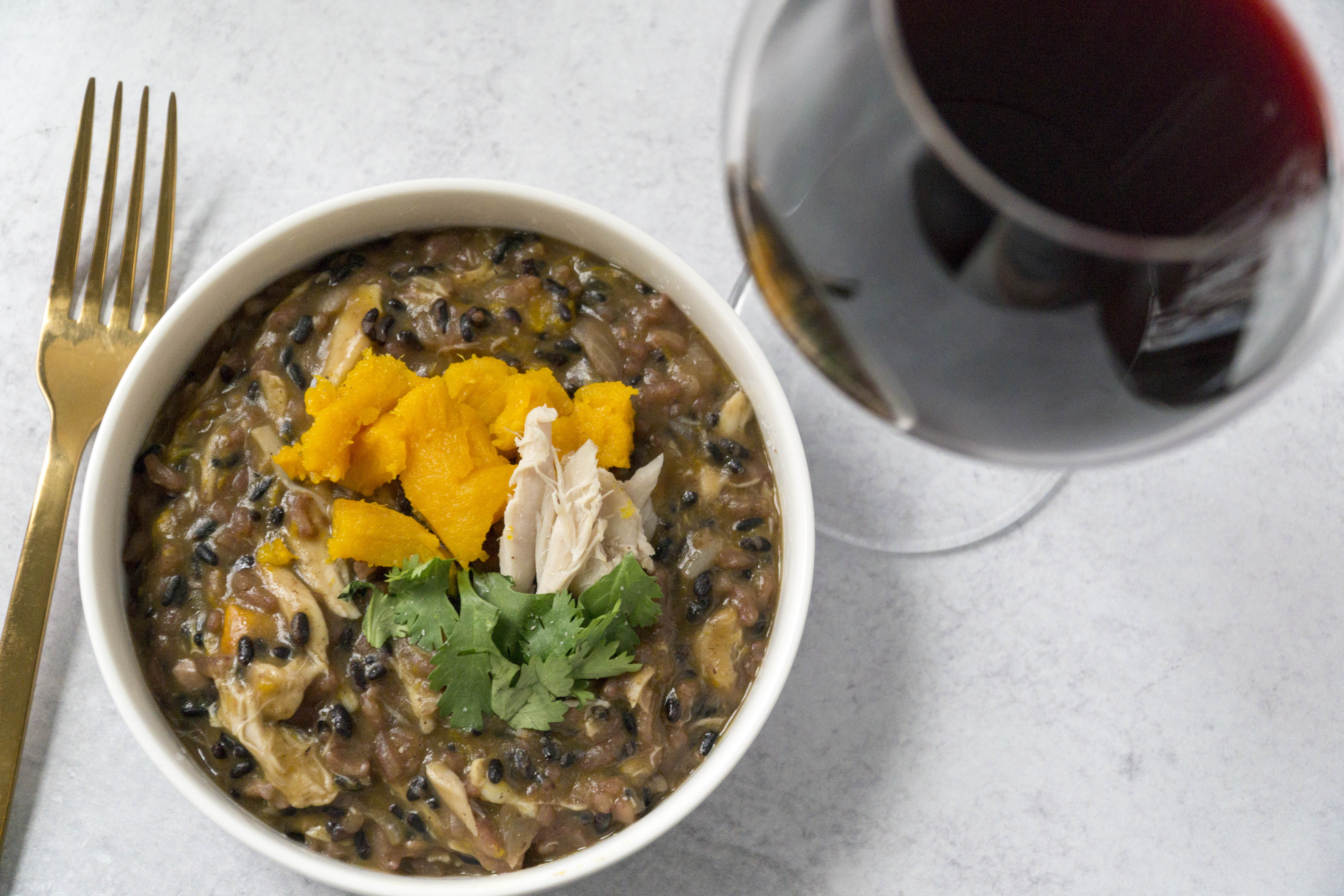 pumpkin black rice risotto (10) with red wine and golden fork