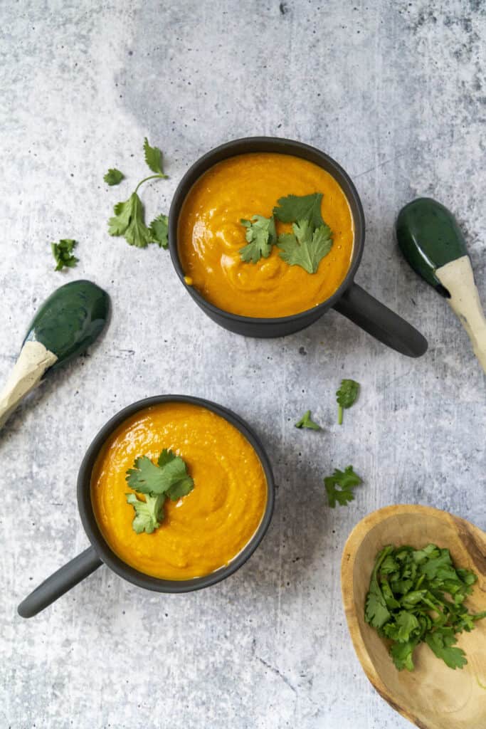 Pumpkin Thai Curry Soup garnished with cilantro