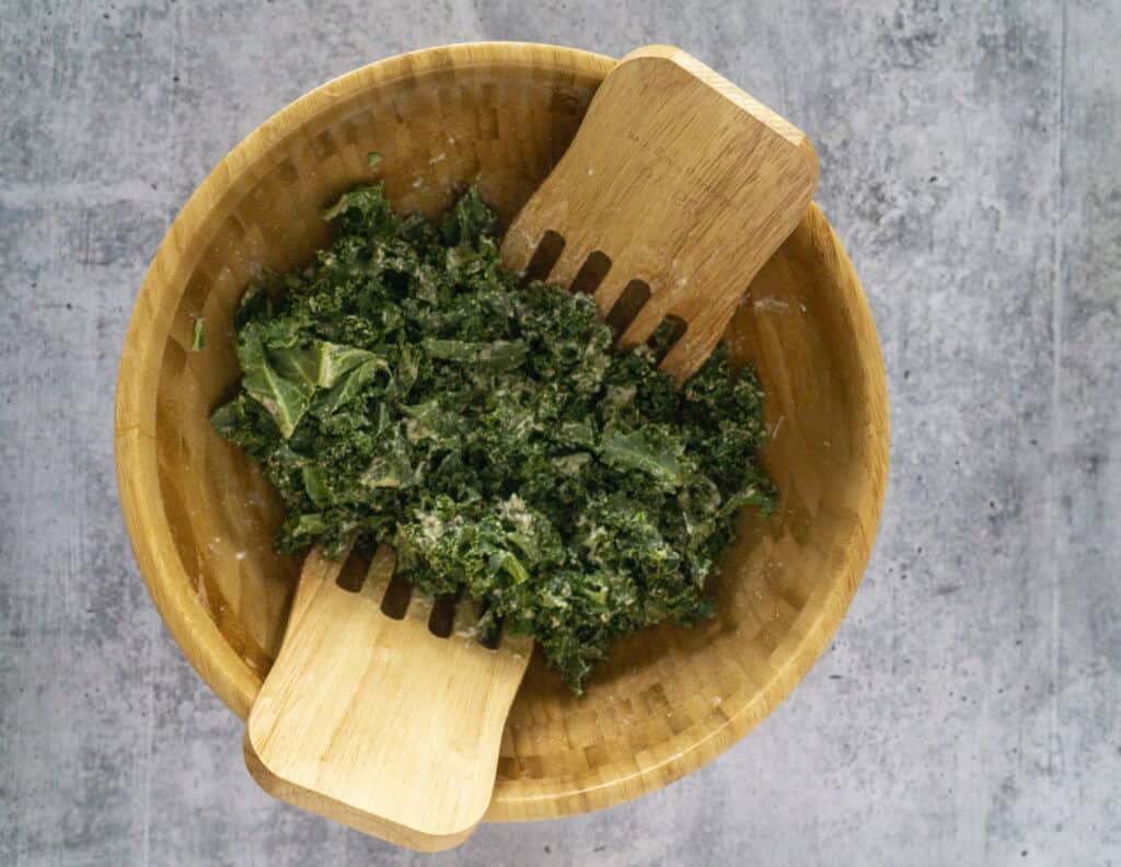 Curly Kale dressed in Tahini Cashew Caesar Dressing