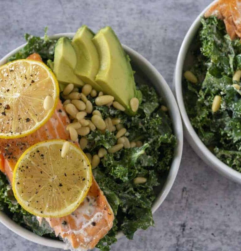 Avocado, Pine Nuts, and Lemon Baked Salmon on Kale Salad