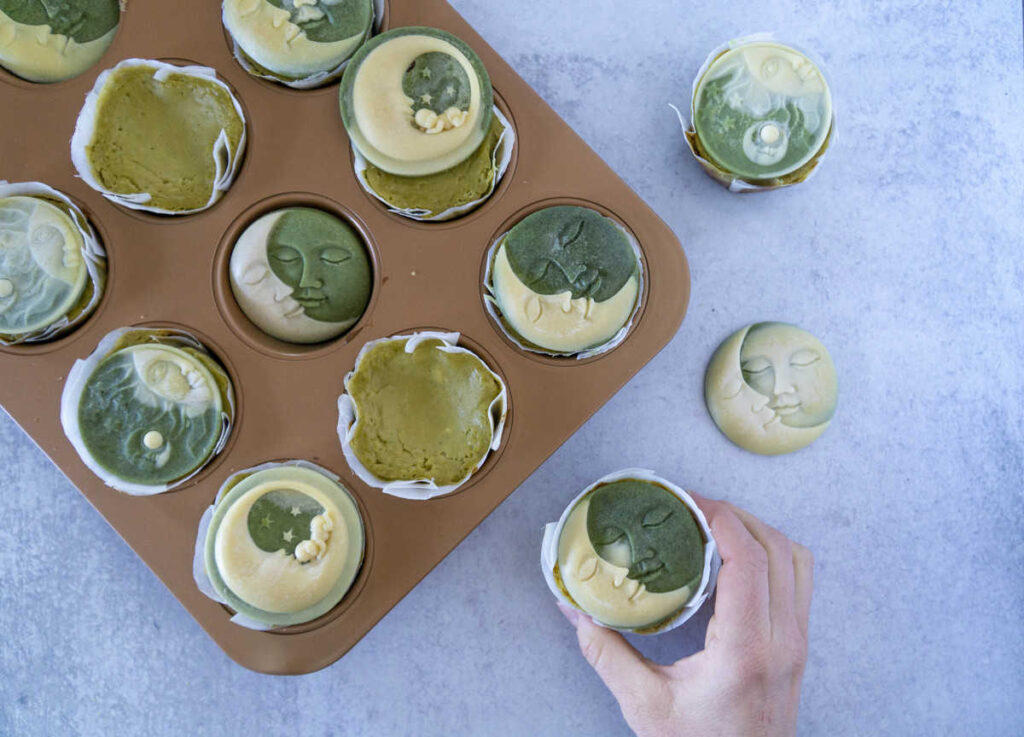 Mini Moringa Cheesecakes with White Chocolate Moons